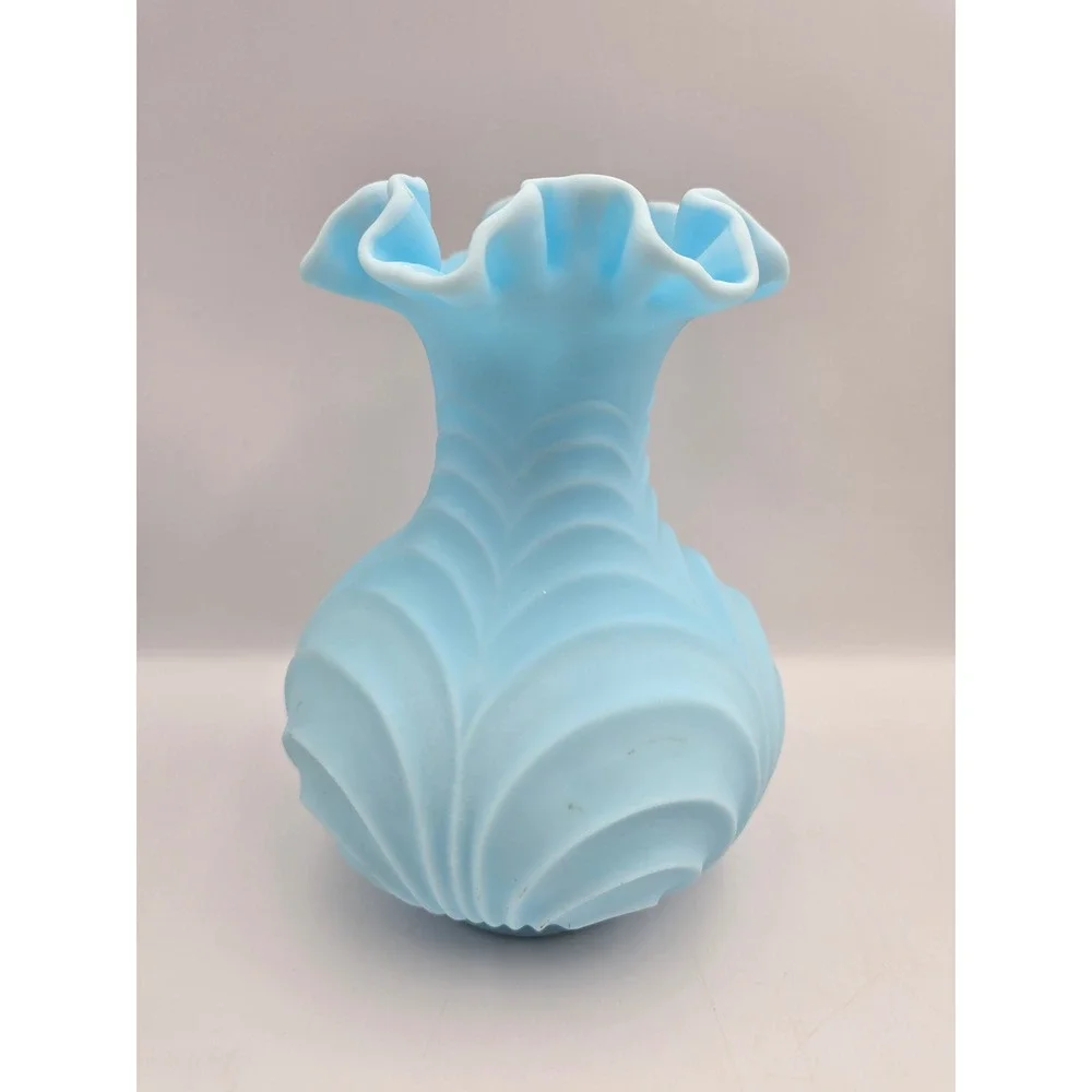 Fenton Vintage Satin Glass Vase Blue‎ Ruffled Rim 8 Inch Light Blue Embossed